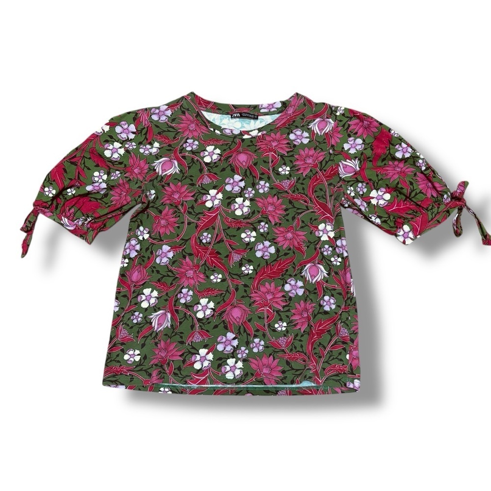 Zara Green Pink Floral Puff Sleeve Stretch Top – Size Small